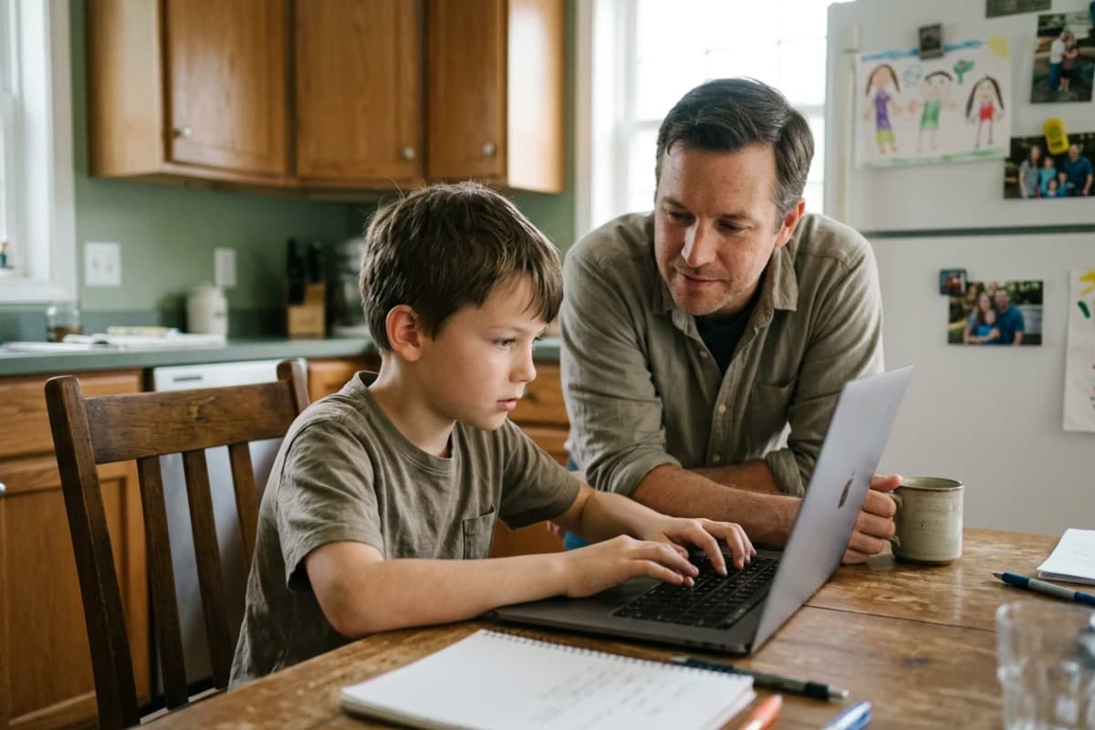 A boy at the kitchen table typing on a laptop while his dad watches
