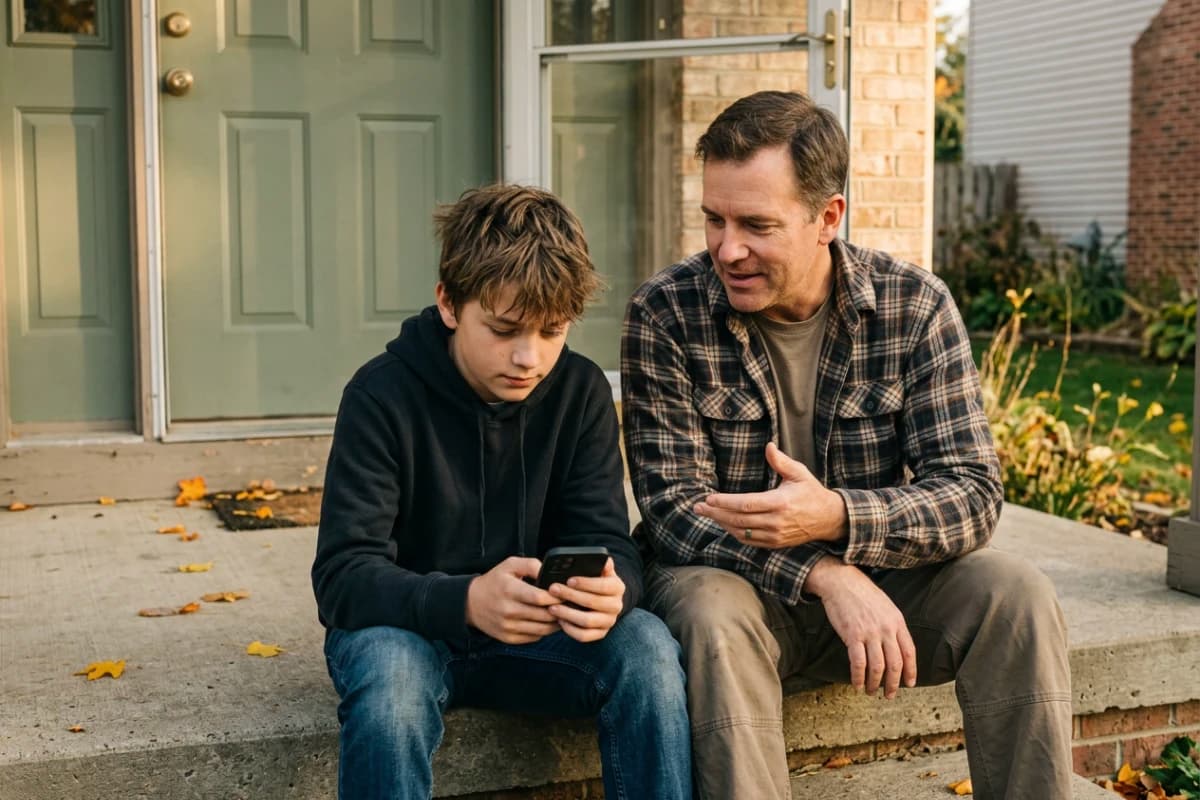 A dad and his teenage son on the front steps, talking over the son's new phone