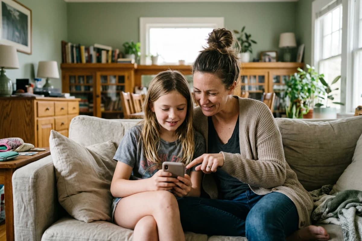 A mom and her daughter on the couch, looking at the girl's phone together