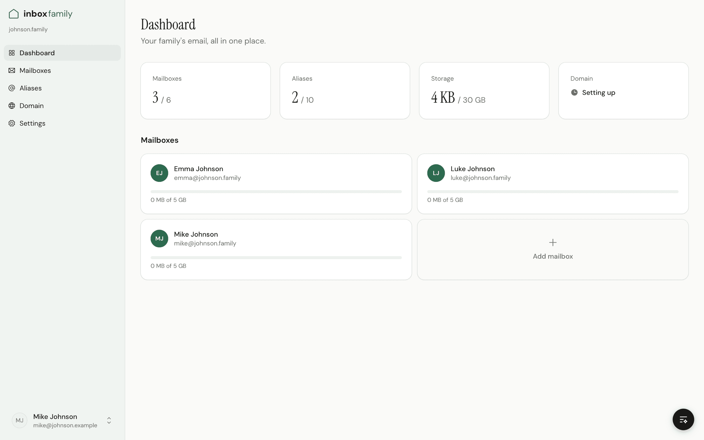 The InboxFamily panel: three family mailboxes on johnson.family, two shared addresses, and how much of the storage is used