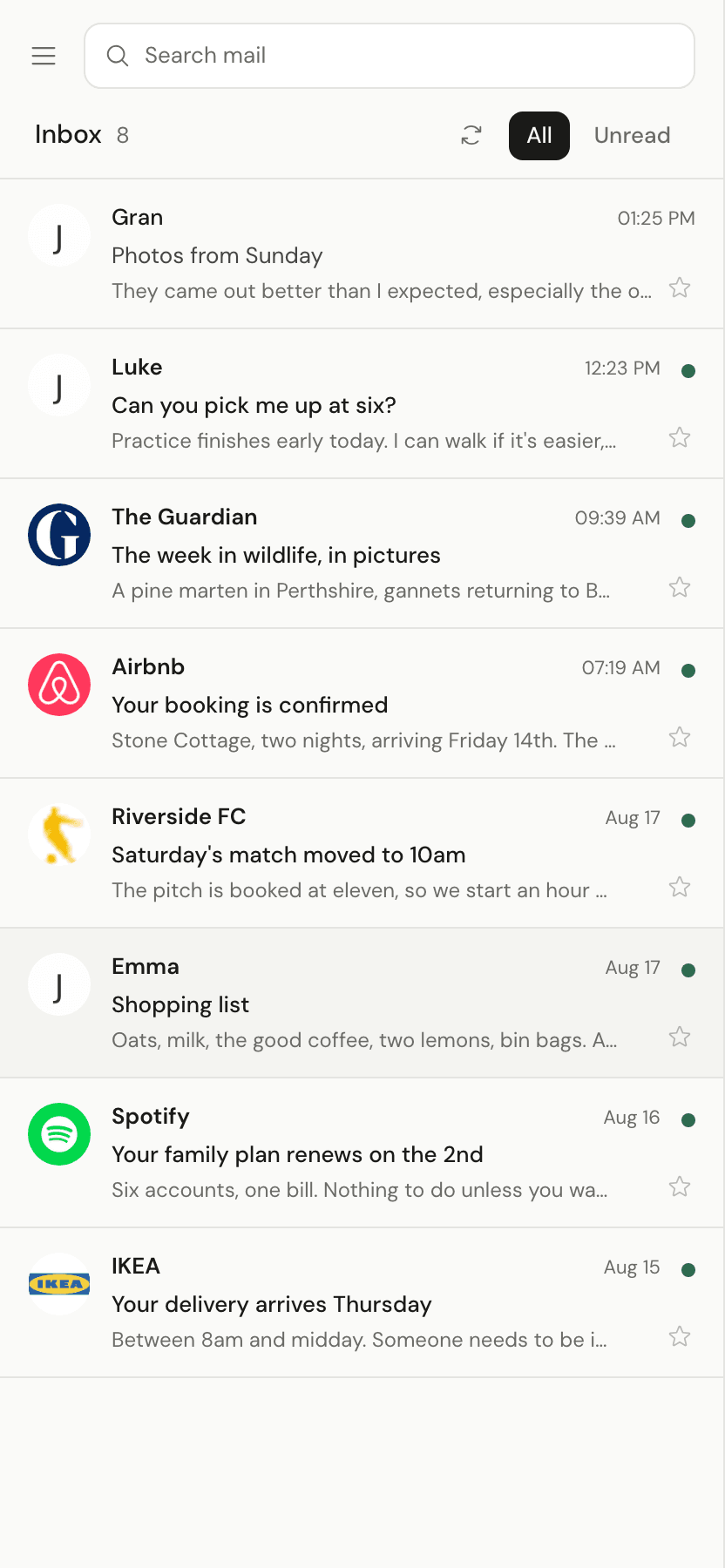 The family inbox in InboxFamily webmail on a phone: messages from Gran, Luke and the school