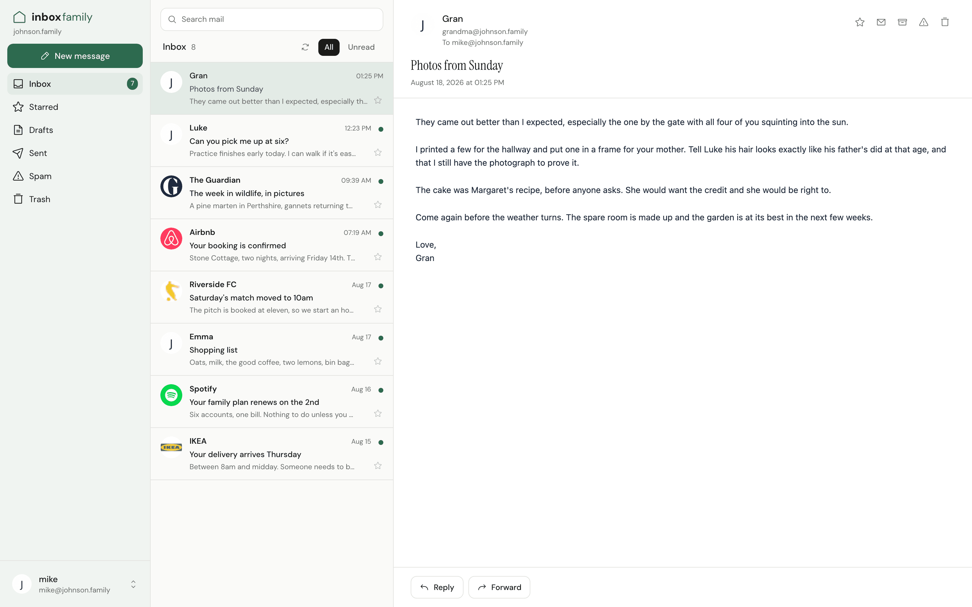 InboxFamily webmail on a laptop: the family inbox with a message from Gran, Photos from Sunday, open beside the message list